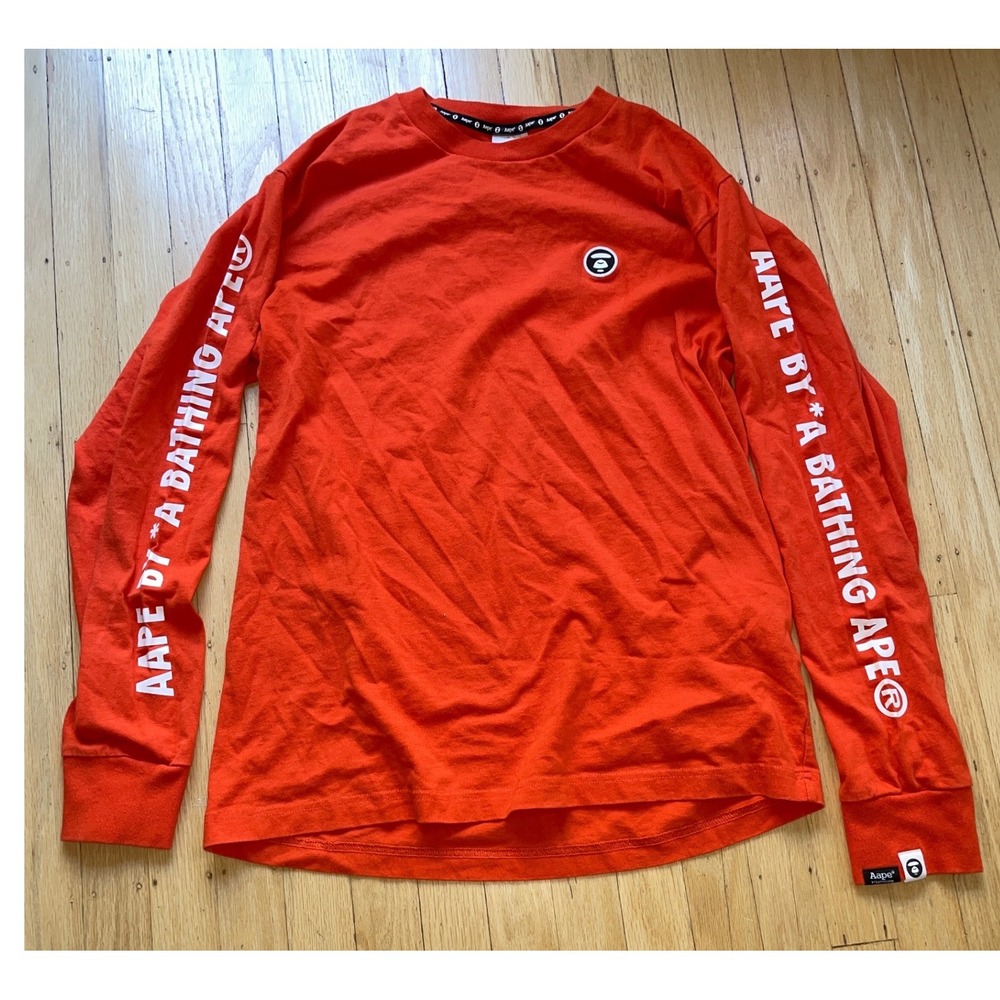 AAPE By A Bathing Ape Mens Long Sleeve Shirt Graphic Logo Size L Orange